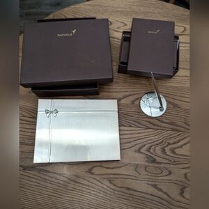 READ .Papyrus Guest book and pen with stand set.  Silver tone with Brown velour.
